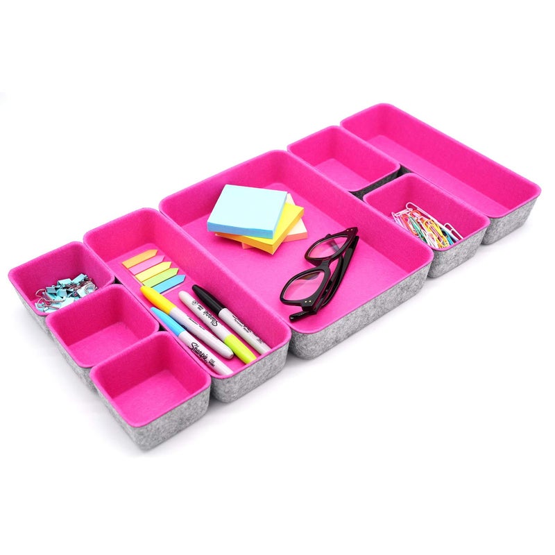 Welaxy Desk Drawer Organizer Tray Set, 8-Piece Office Drawer Organizers for Pens, Makeup, Keys, Crafts, Entryway Catchall, Decluttering Storage (Hot Pink) - Image 1
